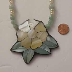 Floral Pendant Necklace with Green and Cream Accents